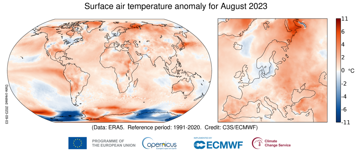 Anomalie de la température de l'air en surface pour août 2023 par rapport à la moyenne du mois d'août pour la période 1991-2020. Source des données : ERA5. Crédit : Copernicus Climate Change Service/ECMWF.
